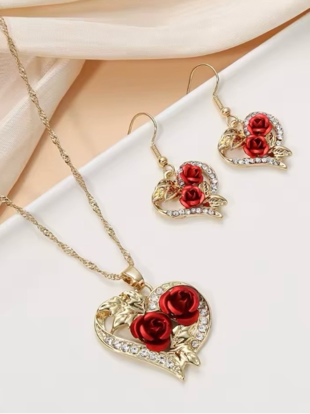 Gold Heart Pendant Necklace & Earrings Set with Red Rose Accents